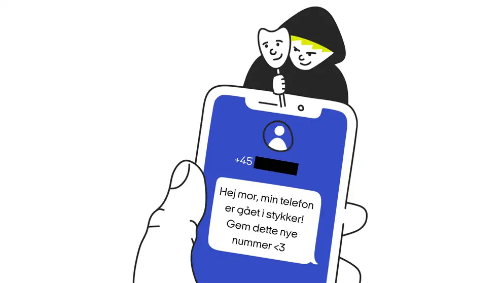 Illustrationen viser en mobil, hvor en svindelbesked dukker op fra et ukendt nummer